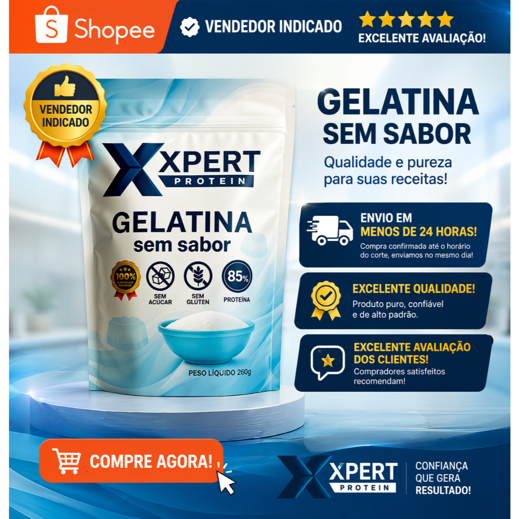 Detalhes do Gelatina Bovina Pura Sem Sabor e Incolor 500g - Xpert Protein