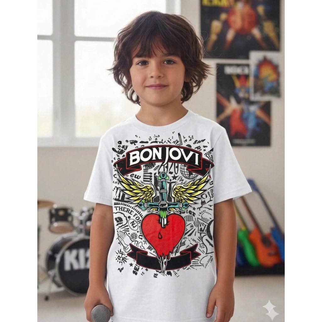 Camiseta Infantil Infanto Juvenil Bon Jovi Banda De Rock Musica Moda Luxo Grife Casual Estampado — imagem 2 de 2