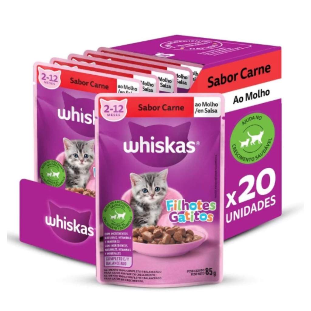 Kit com 20un Ração Úmida Whiskas Sachê Carne Gato Filhote 85g
