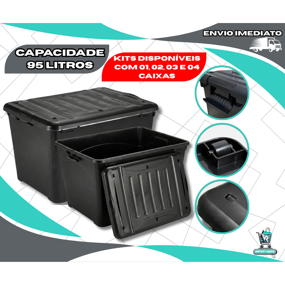 Kit 04 Caixas Organizadoras Grande 95 Litros Preta Tampa Trava Rodinha Transporte HeavyBox Reforçada