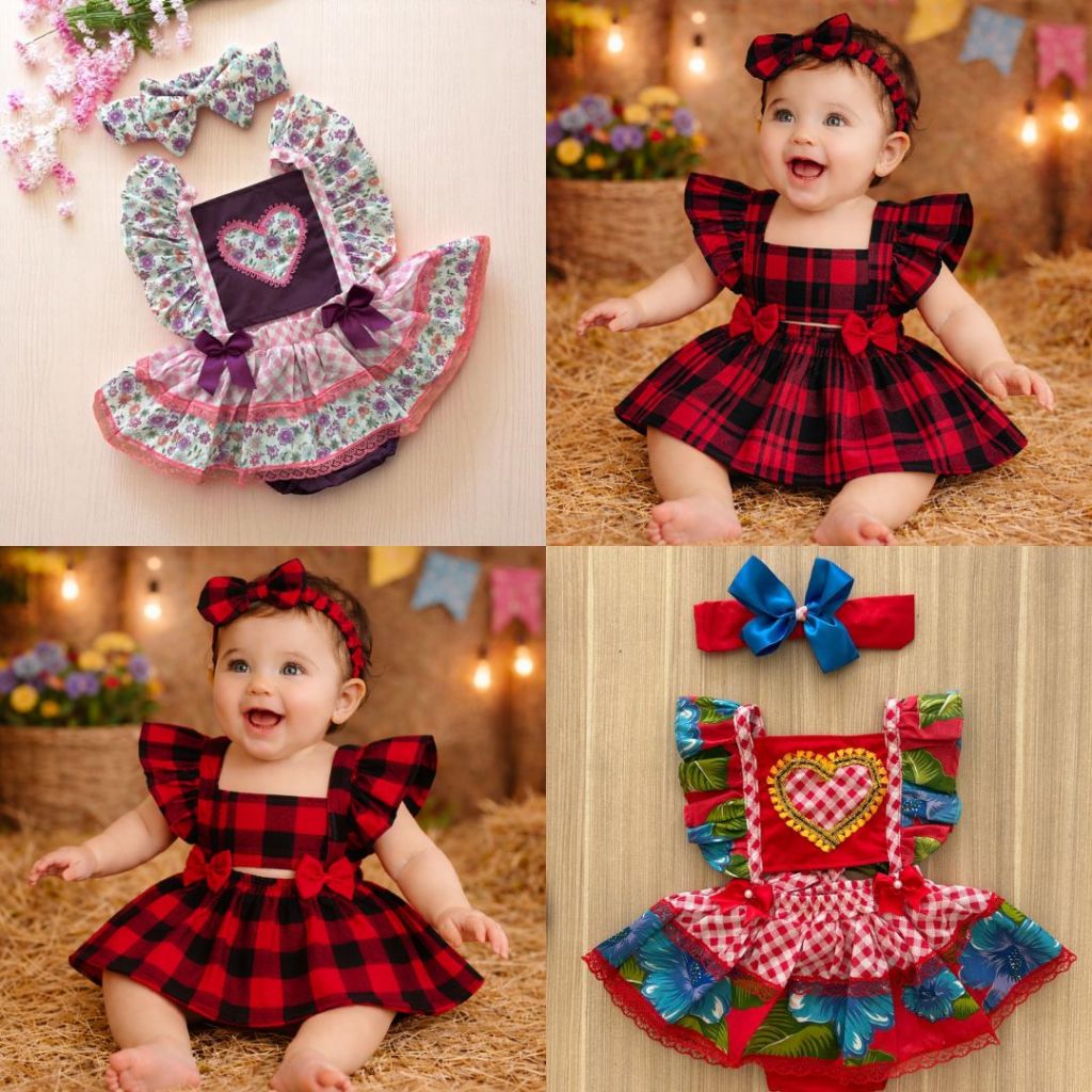 Vestido de Festa Junina para Bebê Menina Junino Romper Luxo Chita Arraial Arraiá Temático São João