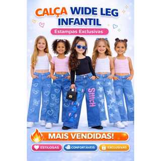 Calça Wide Leg Infantil Jeans Estampada Stitch Coração Borboleta Estrela Blogueirinha ou Lisa Destroyed Tendência 2026 em Oferta na Shopee