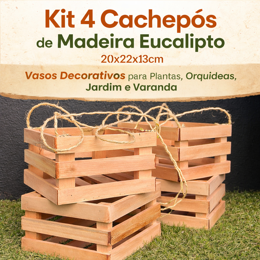 Kit 4 Cachepôs de Madeira Eucalipto 22x20x13cm | Vaso para Plantas e Orquídeas