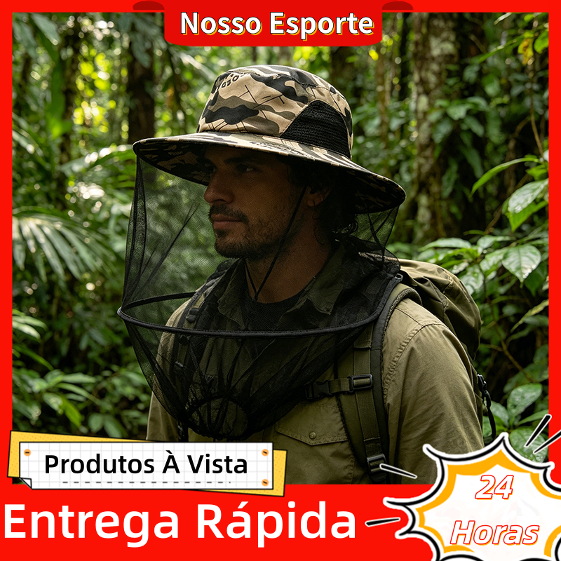Chapeu Mosquiteiro Sol Modelo Premium Regulável Abertura Boca Pesca Proteção Sol Camuflado Dobrável