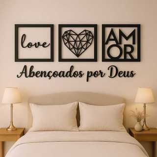 Kit 3 Quadros Love Coração Geométrico Amor + Frase Abençoados por Deus Decorativo Mdf