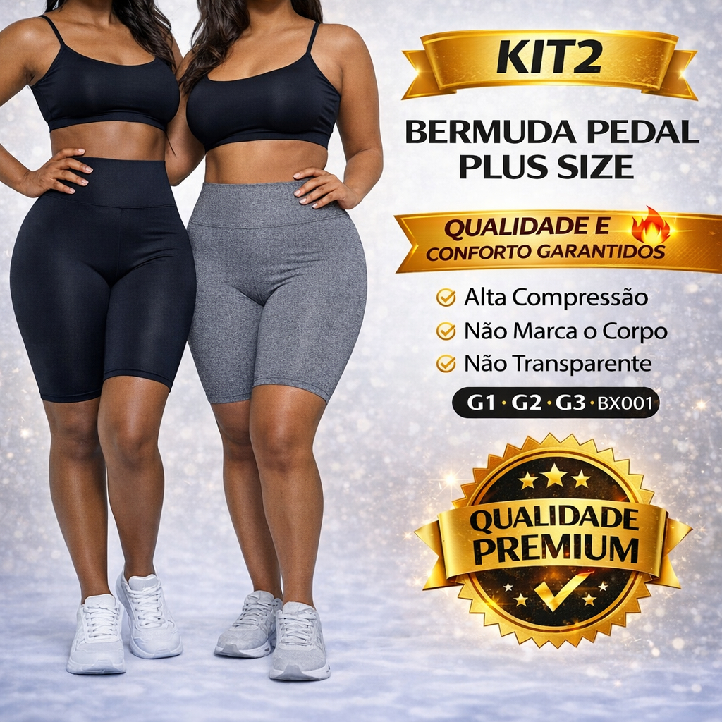 Kit 2 Bermuda Pedal Plus Size Feminina Cós Alto Alta Compressão Não Transparente Academia Fitness