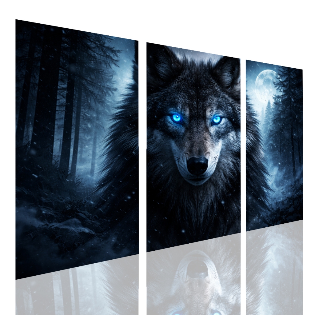 Quadro Decorativo 3 Peças Lobo Olhos Azuis Lua Floresta Noturna Animal Selvagem