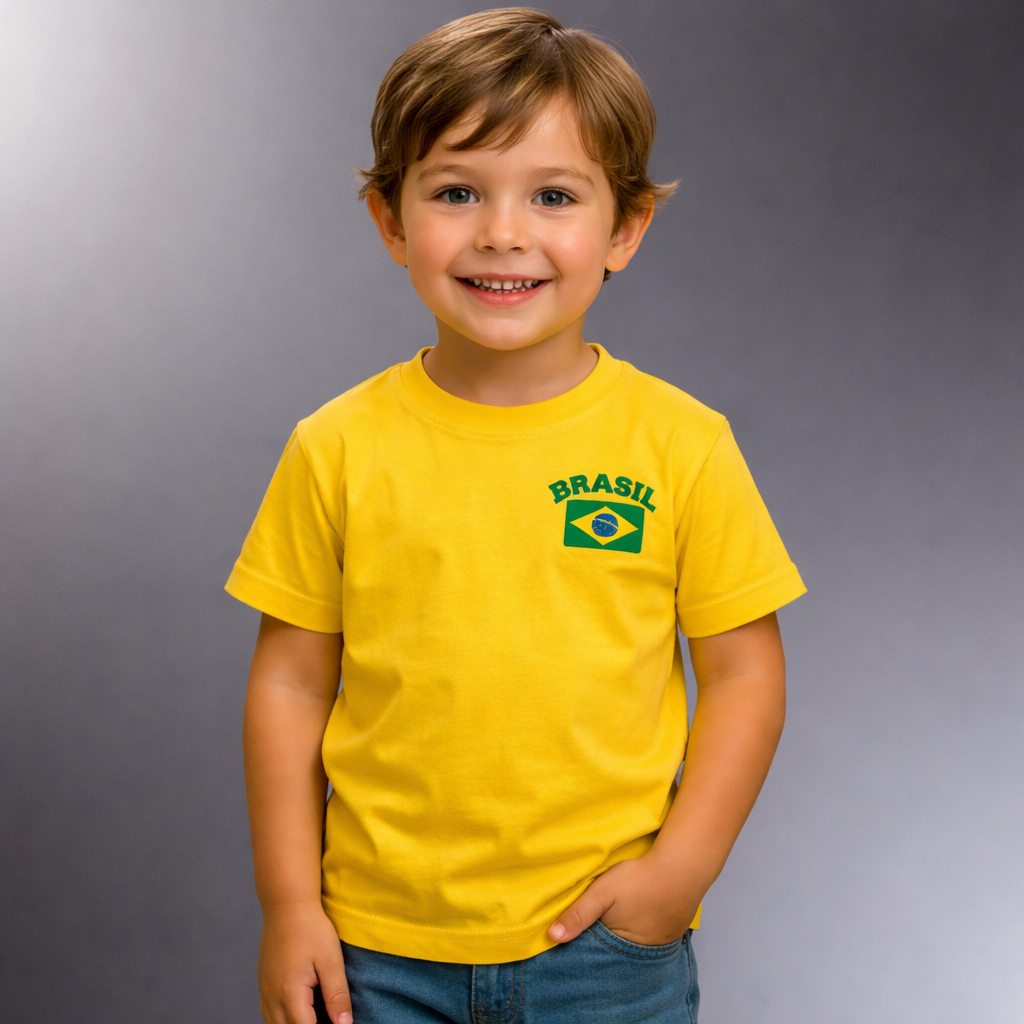 Camiseta Infantil  Blusa Com Bandeira do Brasil Camisa 100% Algodão Tamanhos 02 ao 16