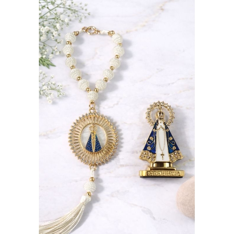 Kit Terço Dezena de Nossa Senhora Aparecida + Santinha Painel Carro Retrovisor Lembrança Religioso Católico Devoção