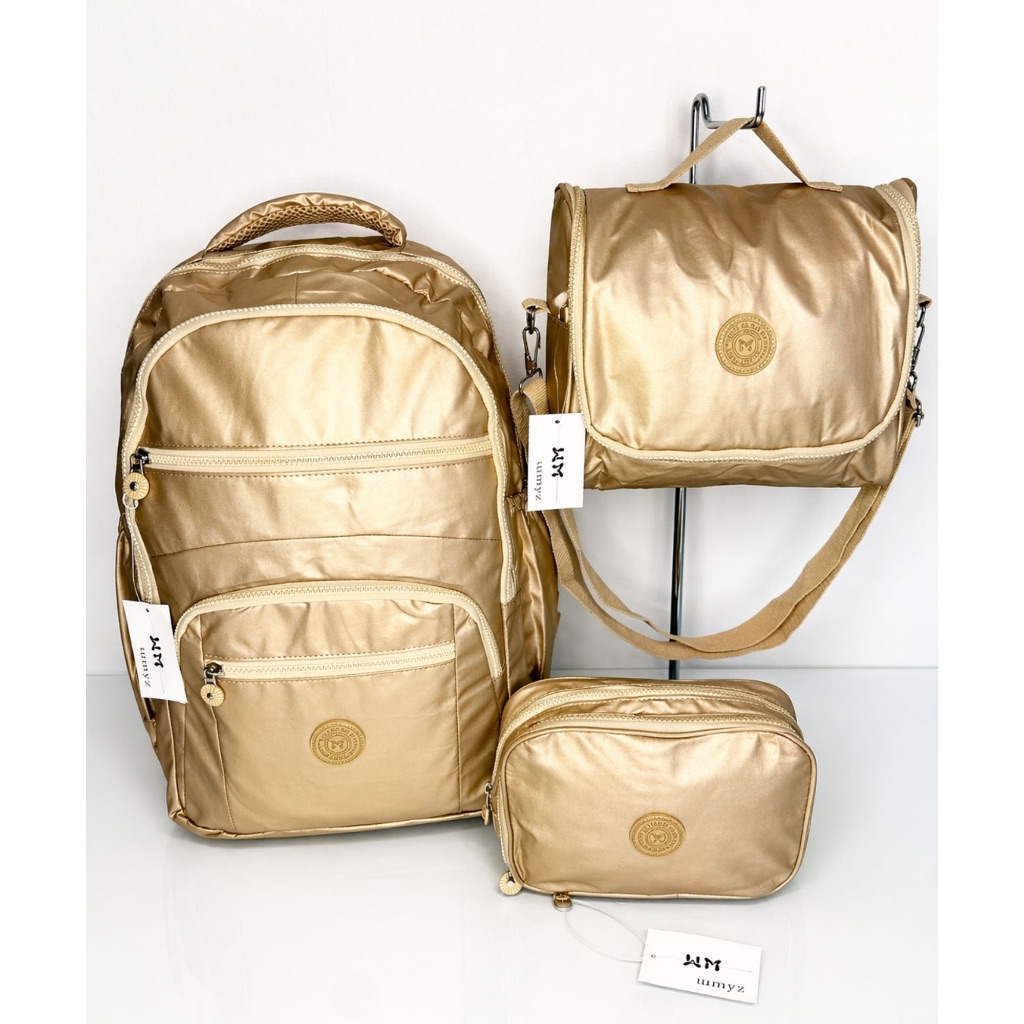 Kit Mochila Grande + Estojo Box + Lancheira Térmica Com Chaveiro Cor Metálica Escolar Faculdade Viagem