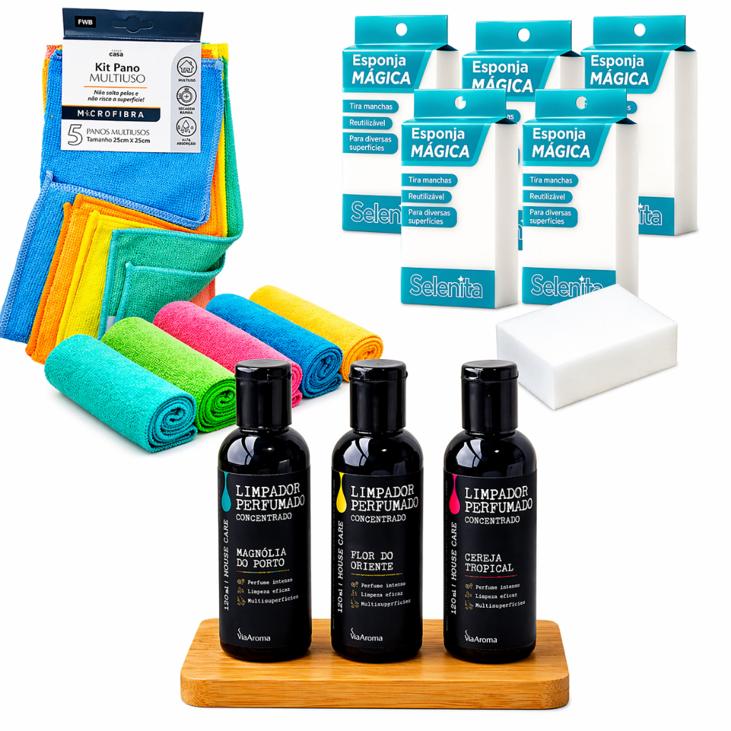 Kit Pano de Microfibra Limpador Perfumado Concentrado Via Aroma Cheirinho para Casa Esponja Magica