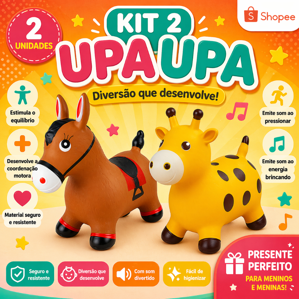 Kit 2 Cavalinho Girafa Upa Upa Inflável Emborrachada com Som Musical para Bebês Cavalinho Pocotó