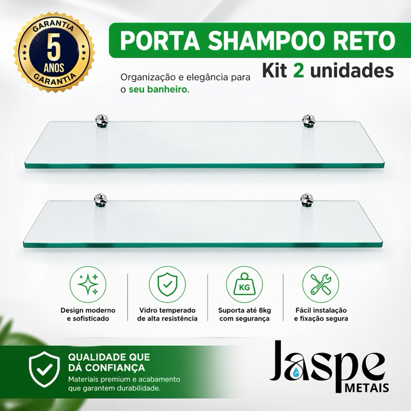 Kit 2 Prateleiras Porta Shampoo Vidro Temperado 6mm Incolor Reto Banheiro  e Cozinha Organizador