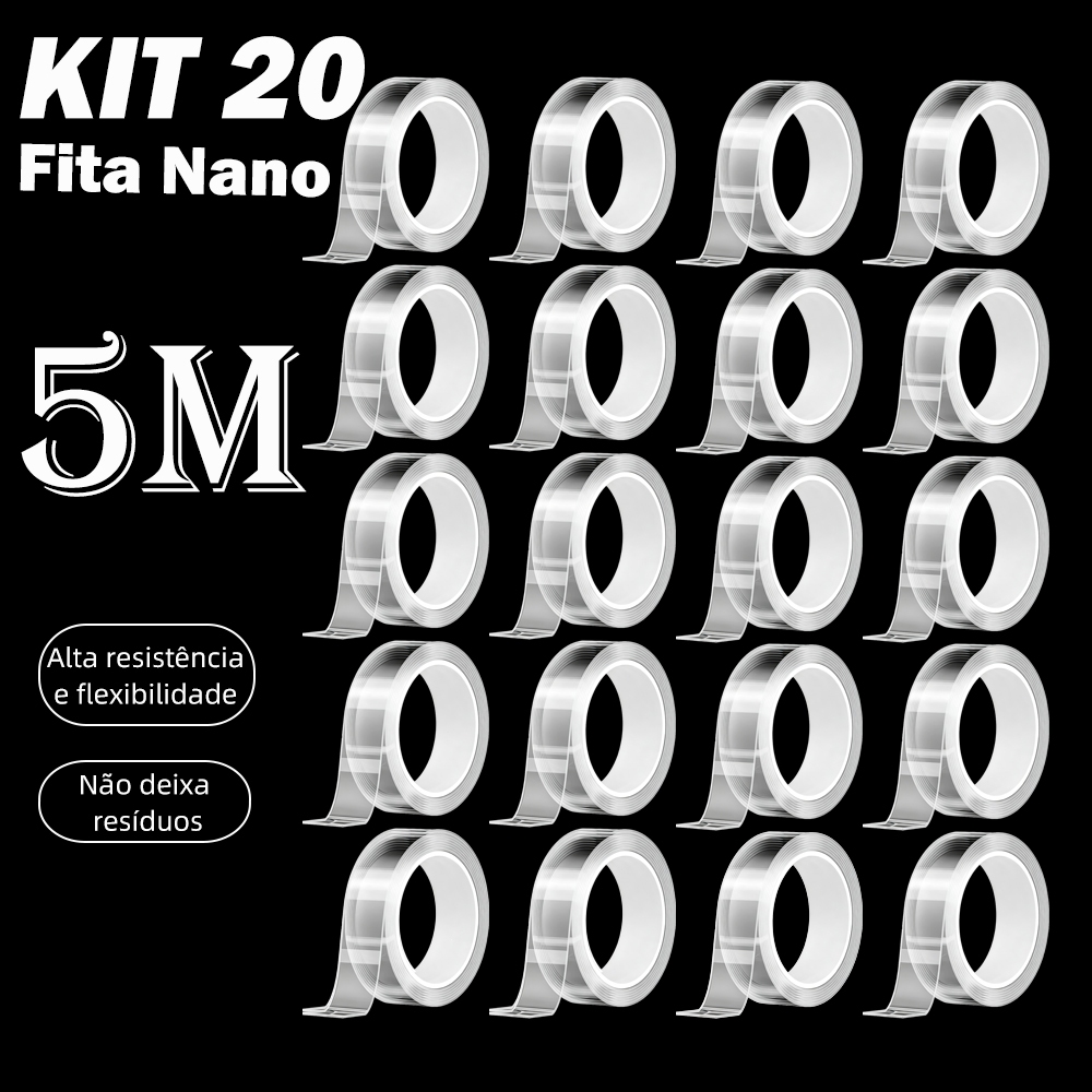 Kit 20 Pcs Fita Dupla Face 5 Metro Extra Forte Transparente NanoGel Silicone Adesiva Cola na Parede Móvel Porta