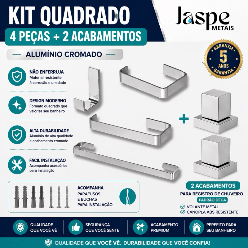 Kit 4 Peças Quadra + 2 Acabamento Quadrado Cromado Para Registro Padrão