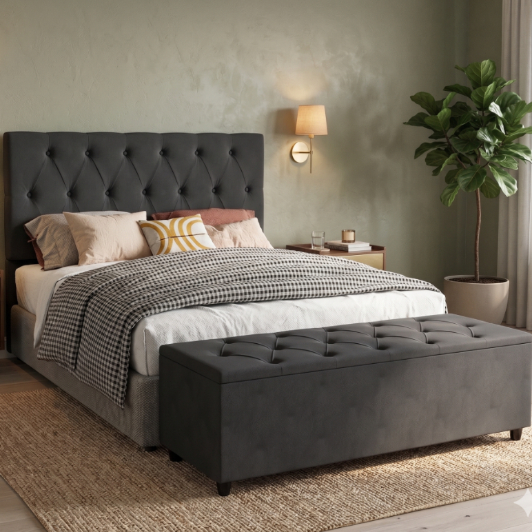Cabeceira Itália com Recamier Baú Estofado Conjunto Quarto Completo para Cama Casal e Queen