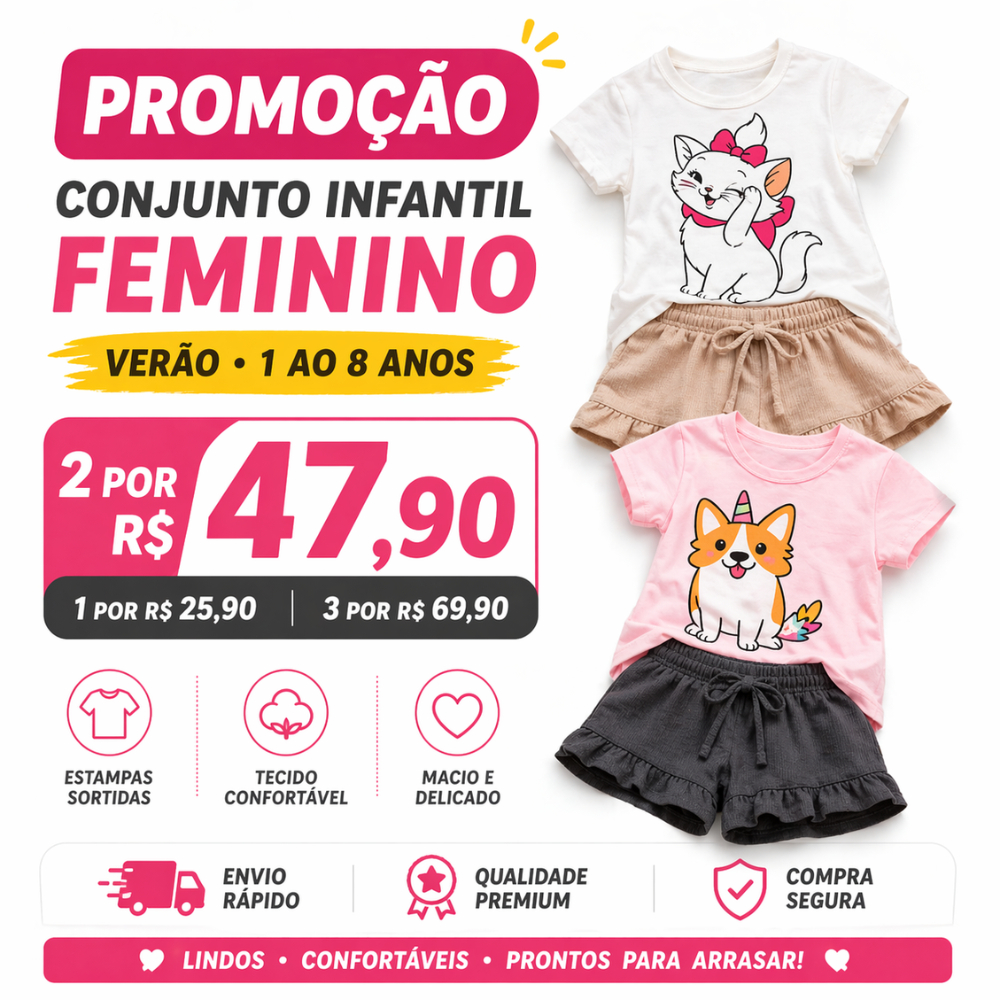 Conjunto Infantil  Feminino Verão Camiseta + Short Estampado Roupa Infantil 1 ao 8