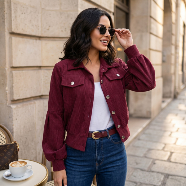 Jaqueta Feminina Bomber Cotelê Premium Com Botões Manga Bufante Veludo Corduroy