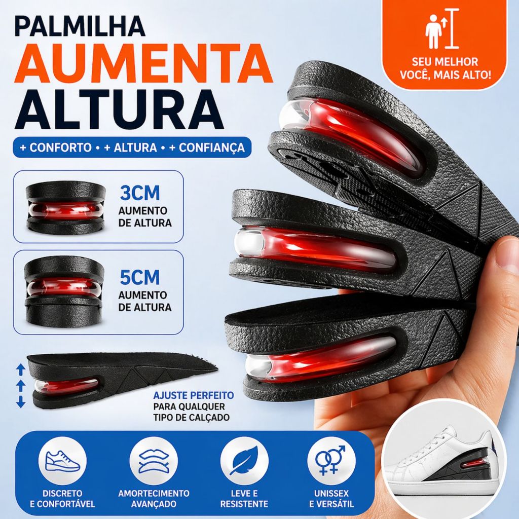 Kit Pares Palmilha Aumenta Altura Até 5cm Compensatória Amortecedor Tamanho Ajustável