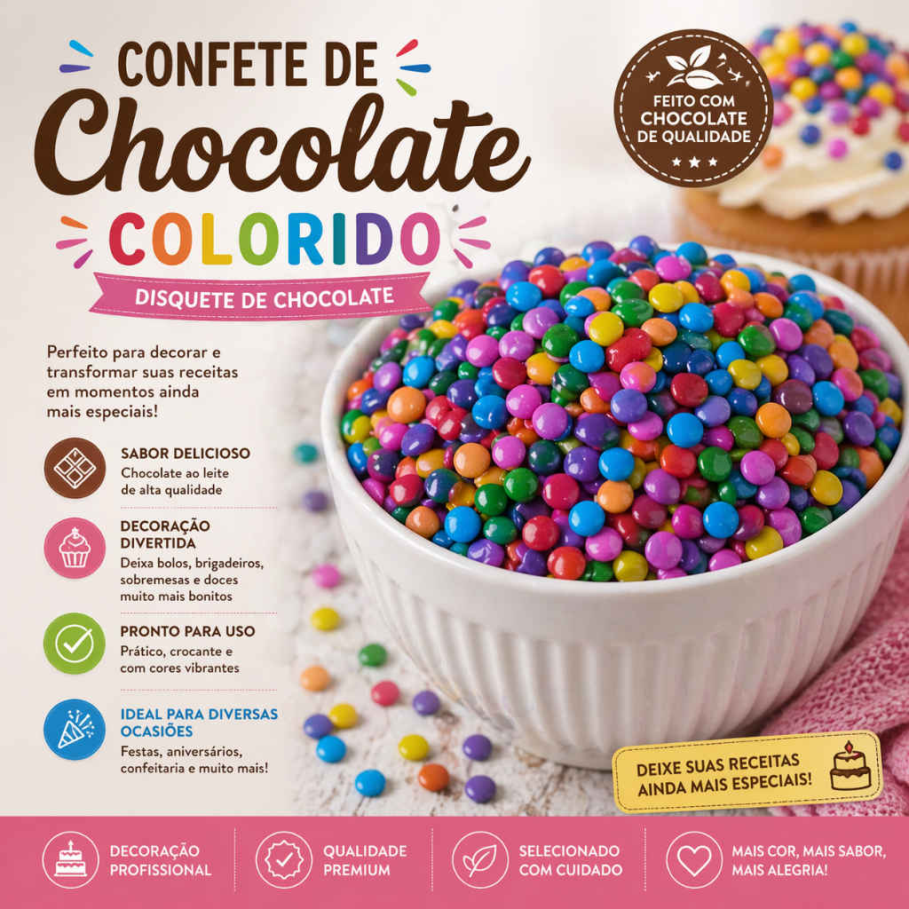 Confete de Chocolate Colorido | Disquete de Chocolate para Decoração de Bolos e Doces