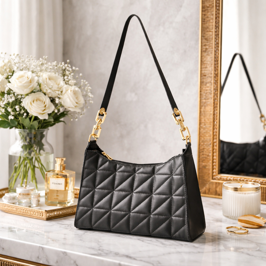 Bolsa Feminina Transversal/Ombro Preta – Moderna com Detalhes Dourados e Acabamento Premium