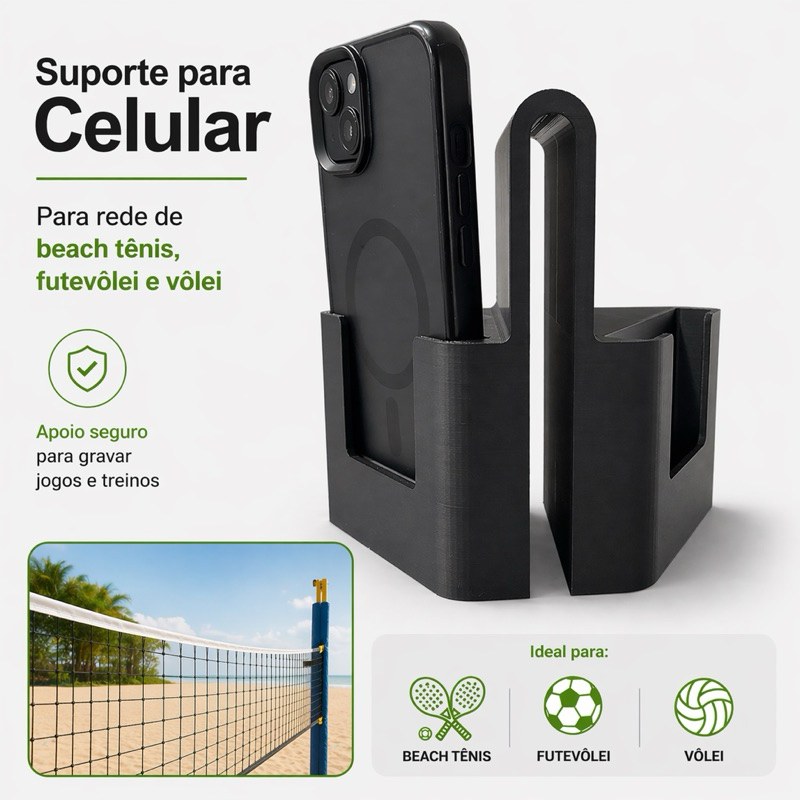 Suporte preto Para Celular Na Rede De Beach Tennis E Vôlei Acessório Para Gravar Partidas