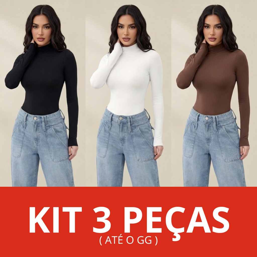 Kit 3 Blusa Feminina Cacharrel Gola Alta Suplex Segunda Pele Térmica Manga Longa até o GG