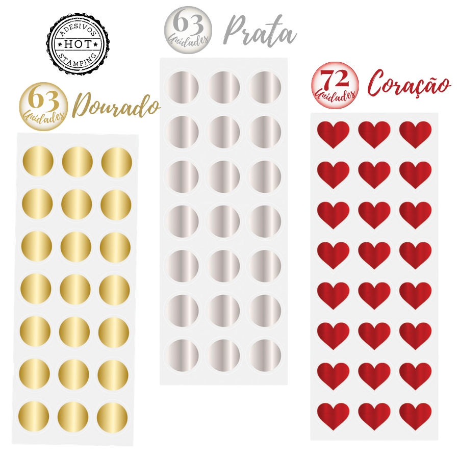 Adesivos Hot Stamping 2,5cm Lacre Etiqueta 63/72 UN Coração Bolinha