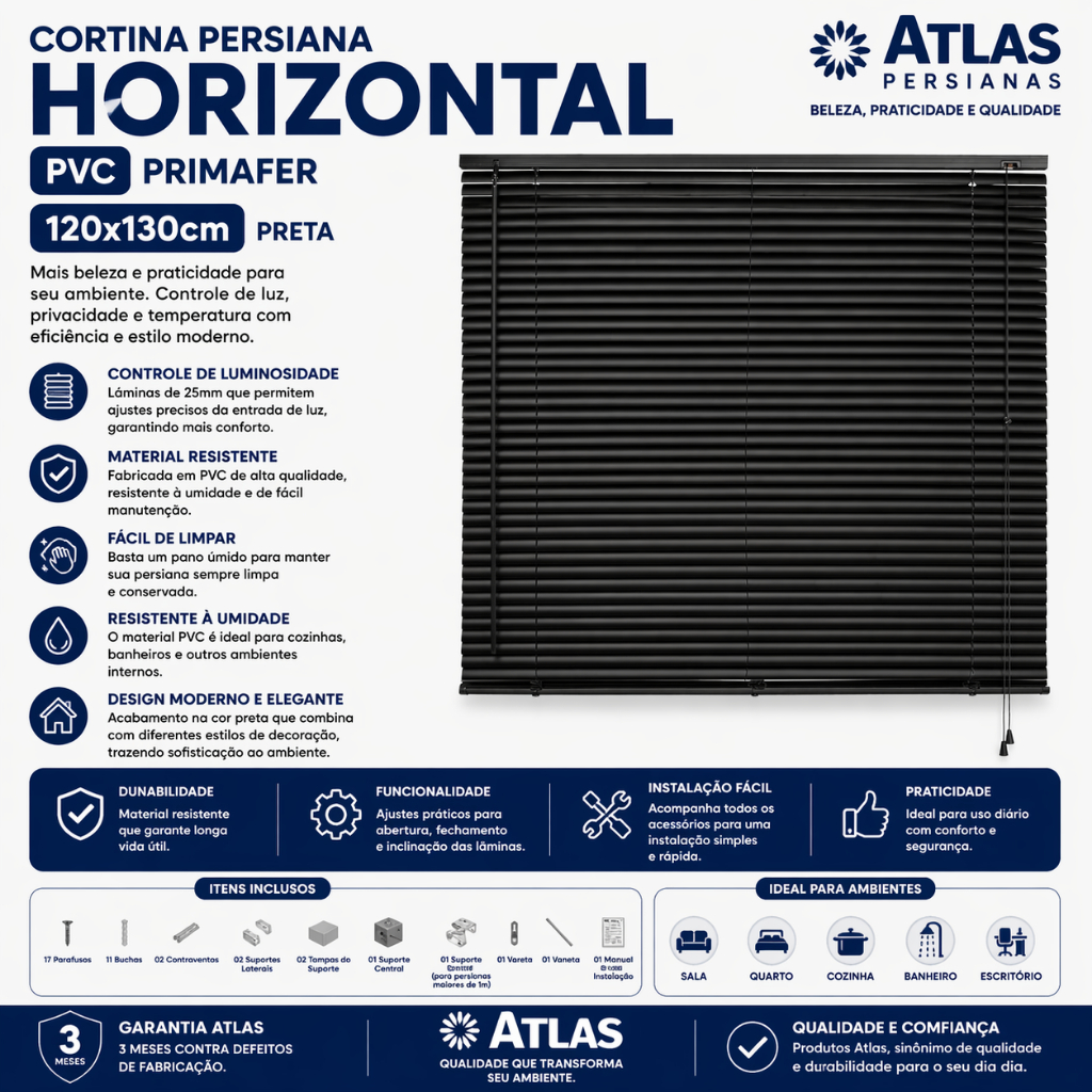 Cortina Persiana Horizontal Plástico PVC 120x130cm Preta Atlas