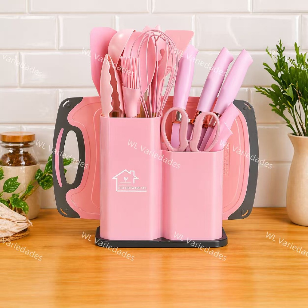 Kit Completo Utensílios de Cozinha Jogo 19 Peças em Silicone com Tábua Faca Tesoura Livre BPA