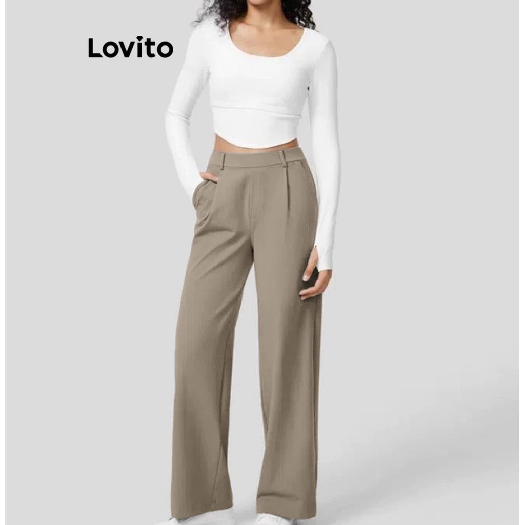 Lovito Calça Reta Cintura Alta com Bolso Lateral Moda Feminina PTNS58BX245