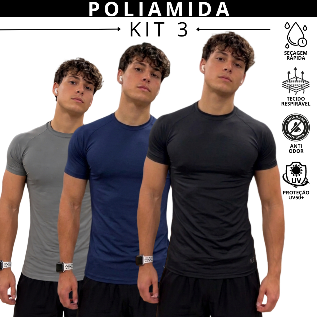 Kit 3 Camiseta Poliamida Tech Tecido Gelado Masculina Compressão Manga Curta Academia Raglan Fitness
