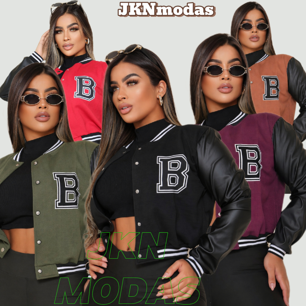 JAQUETA Bomber Feminina Varsity Colegial Americana MANGA COURO  Moda Gringa Inverno Casaco Blogueira