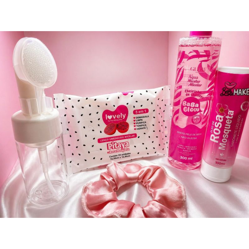 Kit Skincare Sabonete Rosa Mosqueta + Água Micelar + Lenço Demaquilante, Frasco Espumador, Xuxinha Limpeza e Hidratação