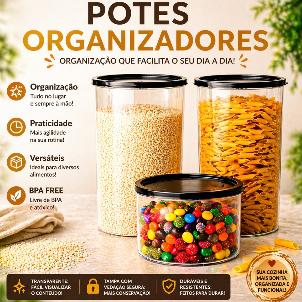 Kit 3 Porta Mantimentos Plástico Transparente Redondo Organizador Armazenamento BPA FREE Barato mimo