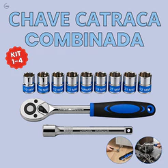 Jogo Sextavado de Soquetes 12 Peças com catraca e Extensão Reversível Cromado
