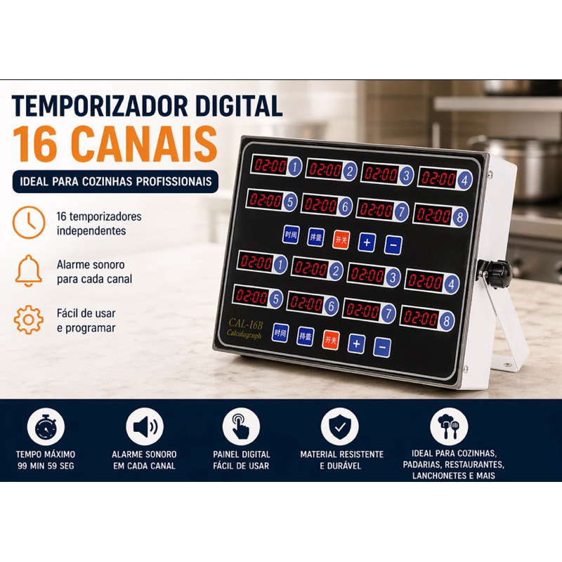 Temporizador Digital 16 Canais Profissional Cozinha Industrial Timer Bivolt 110/220V Pronta Entrega Brasil