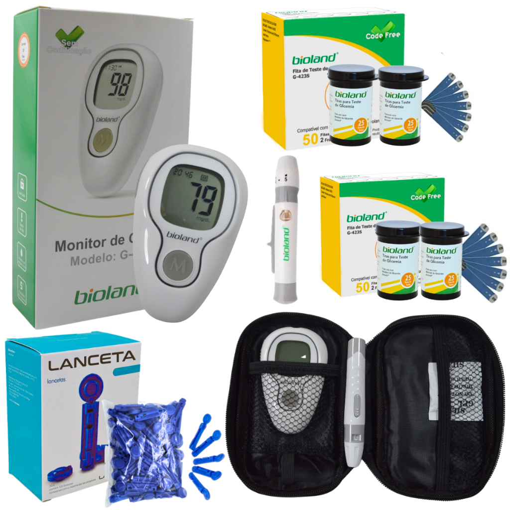 Kit Monitor de Glicose Aparelho Medidor de Glicemia 100 Tiras 150 Lancetas Bioland Protetora Caneta