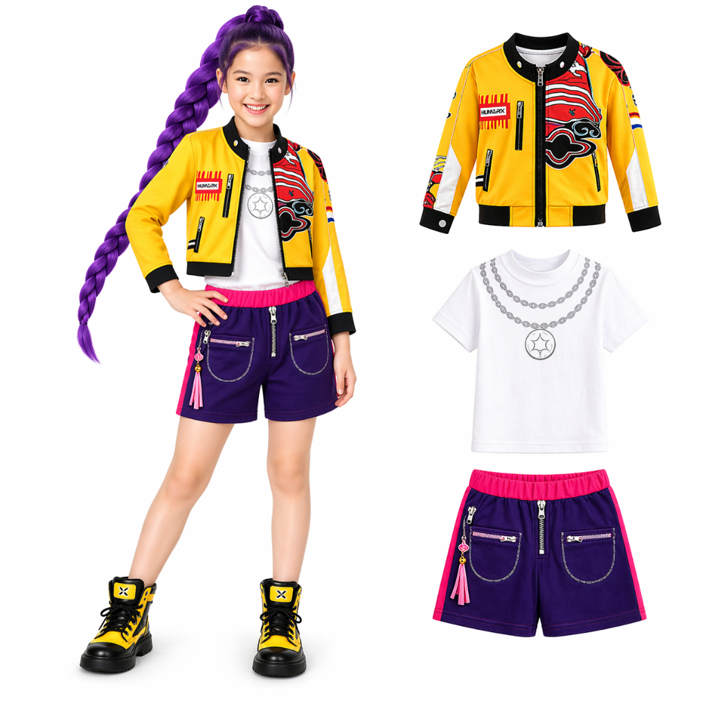 Fantasia Guerreira Kpop Infantil Completa Demon Hunters – Jaqueta Shorts Acessórios Cosplay Halloween