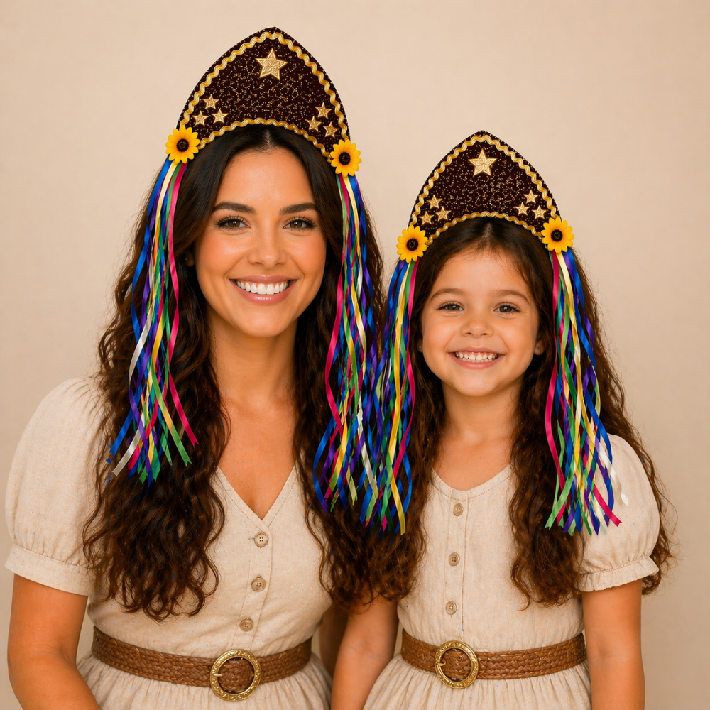 Tiara Maria Bonita Com Brilho e Fitas Coloridas de Cetim Festa Junina  Acessório Para Cabelo  (INFANTIL E ADULTO)