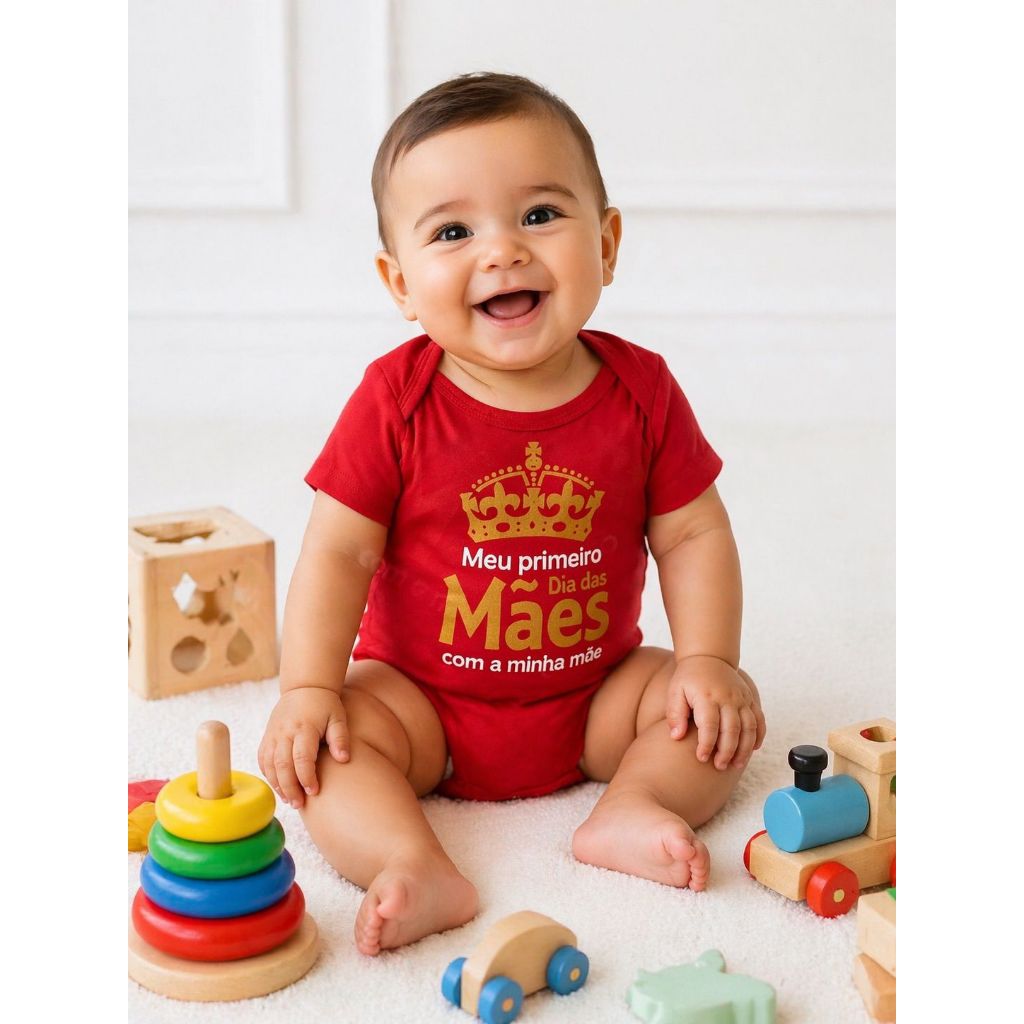 Body Bebê Meu Primeiro Dia das Mães Roupa Infantil Menino Menina Mesversário Temático Vermelho
