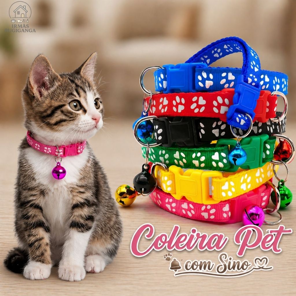 1/2/3/4/5/6 Coleira Pet Ajustável com Sino Gato e Cachorro Nylon Colorida Segurança Anti-Fuga