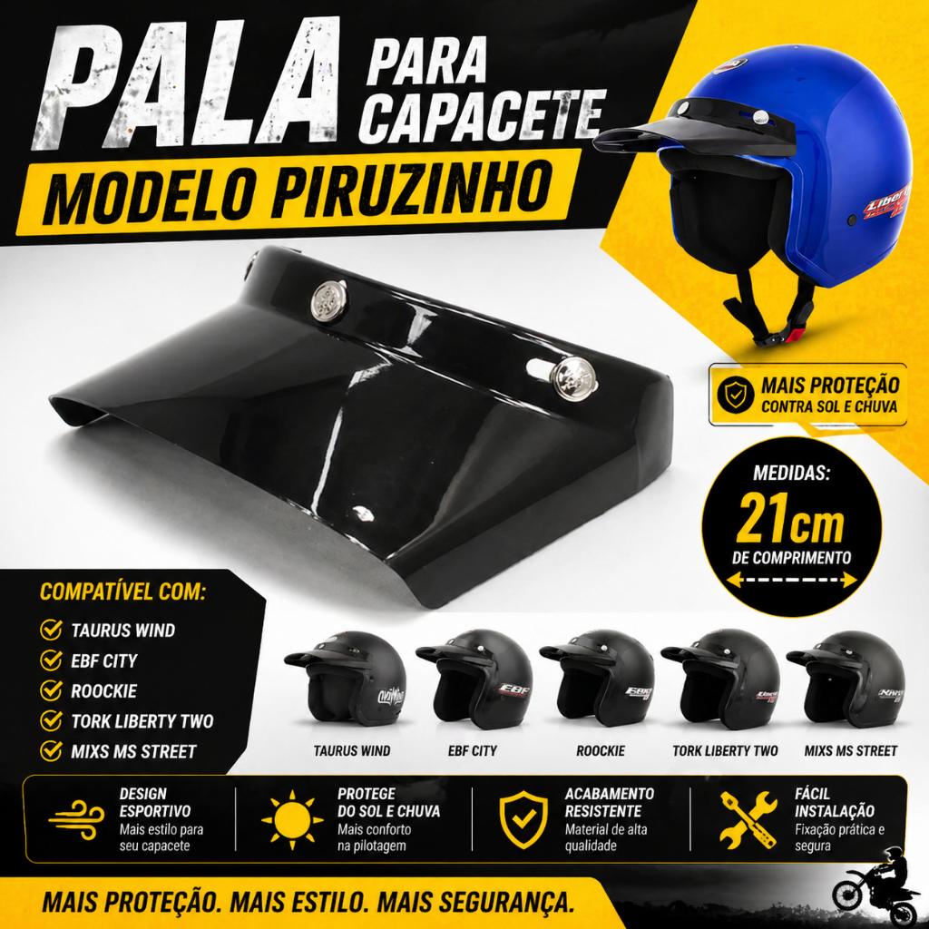Aba P/ Capacete Motos Pala Capacete Aberto Piruzinho Taurus Wind Tork Liberty 21cm