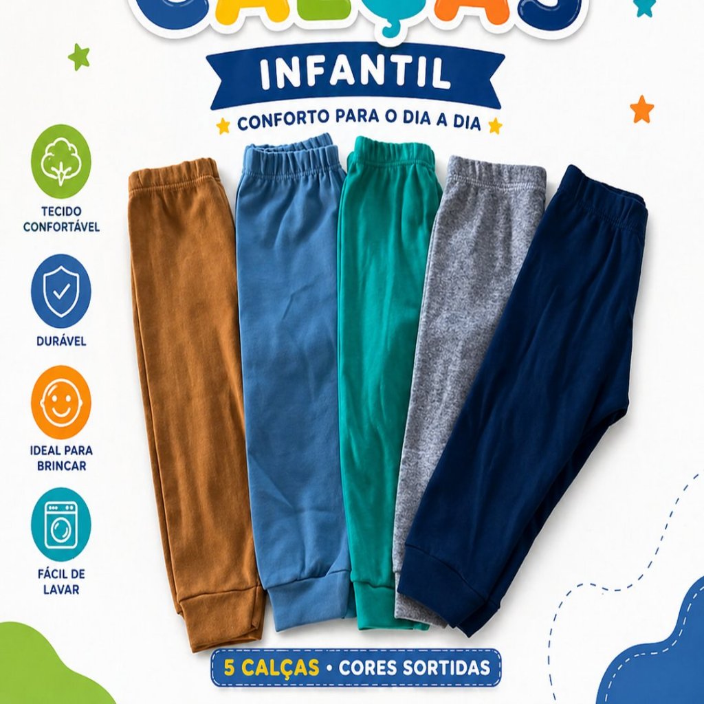 KIT 5 CALÇA BEBE TIPO MIJÃO MASCULINO CORES SORTIDAS.