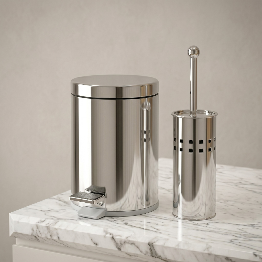 Kit Banheiro Inox 5L com Lixeira de Pedal + Escova Sanitária – Elegância, Durabilidade e Praticidade