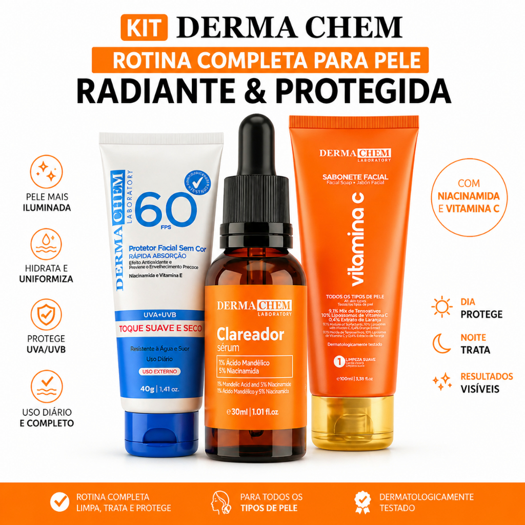 Kit Facial DermaChem Sérum, Sabonete e Protetor Solar