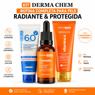 Kit Facial DermaChem Completo Sérum Clareador + Sabonete Vitamina C + Protetor Solar FPS 60
