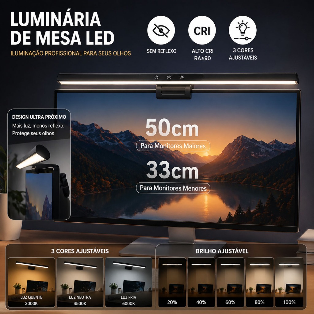 Lâmpada de Leitura LED Ajustável para Computador - 33/50cm com 3 Cores e Função de Ajuste de Brilho