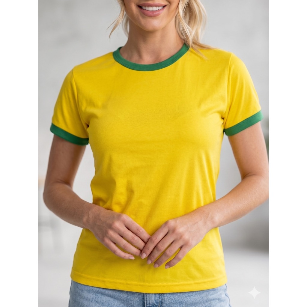 Blusinha Feminina T-shirt Babylook Bicolor Brasil Gola Redonda Tendência Copa do Mundo 2026