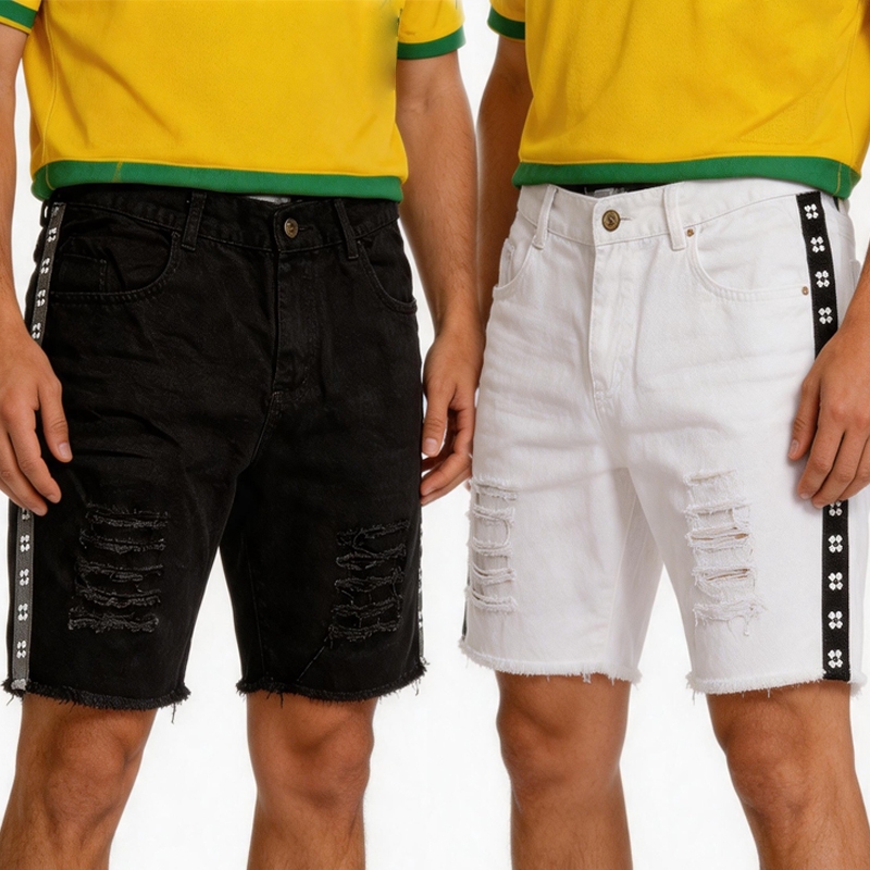 Kit 2 Preto Branco Bermuda Jeans Masculina Unissex Design Rasgado Confortável 36 38 40 42 44 46 48